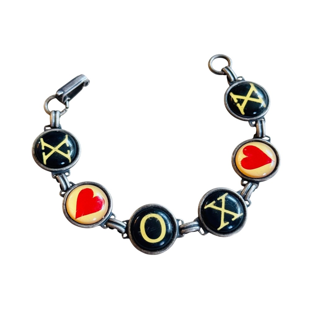 Retro heart XOX Link Bracelet beaded chunky dangle acrylic Y2K Punk Love rare 6"